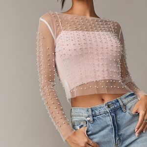Harper&Ivy Long Sleeve Pearl Embellished Mesh Layering Top